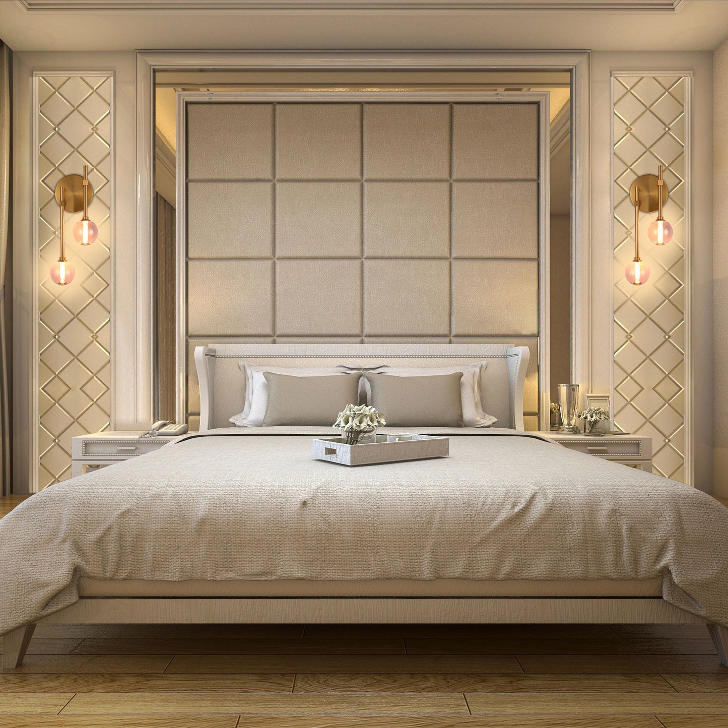 Symmetrical bedroom lighting with decorative wall sconces and soft, ambient light highlighting the neutral tones of the bedroom.