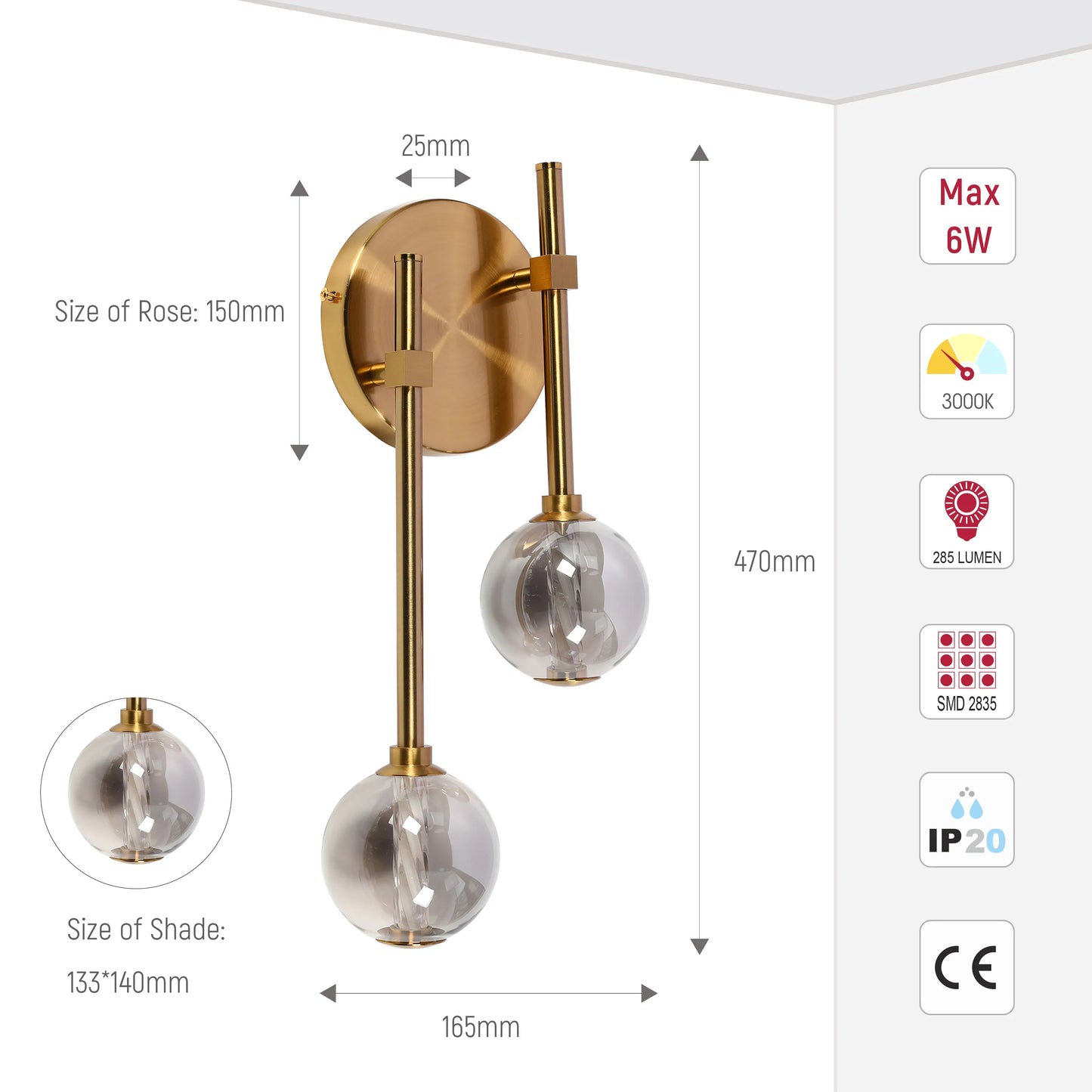 A stylish gold wall light with glass globe shades. Dimensions are clearly labelled for size and specification.