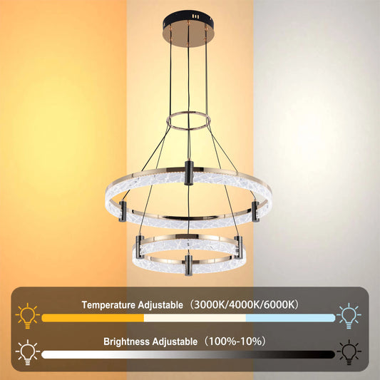 A modern two-tier round LED chandelier with adjustable temperature and brightness settings. Shown against a soft gradient background.