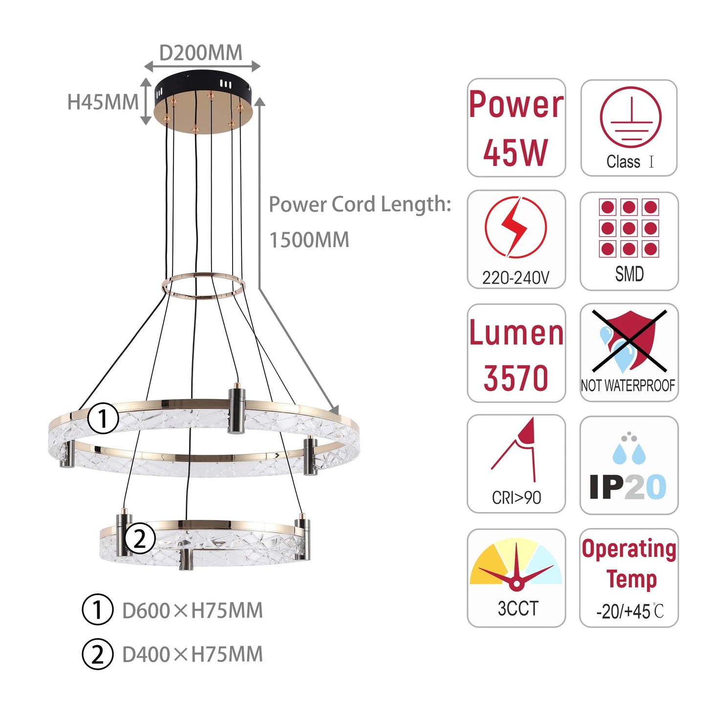Modern two-tiered chandelier featuring LED crystal rings. Provides 3570 lumens, 45W power, and colour temperature adjustment.