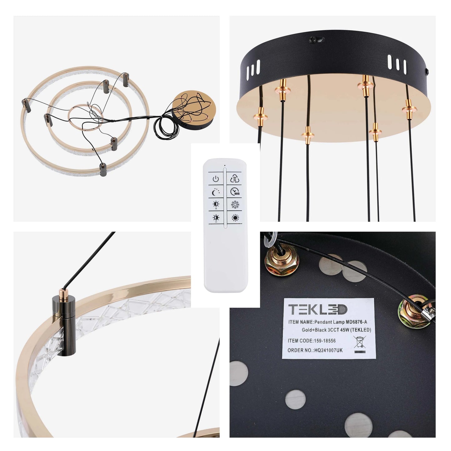 A modern gold and black LED pendant lamp with a remote control, showcasing a circular design and adjustable settings.