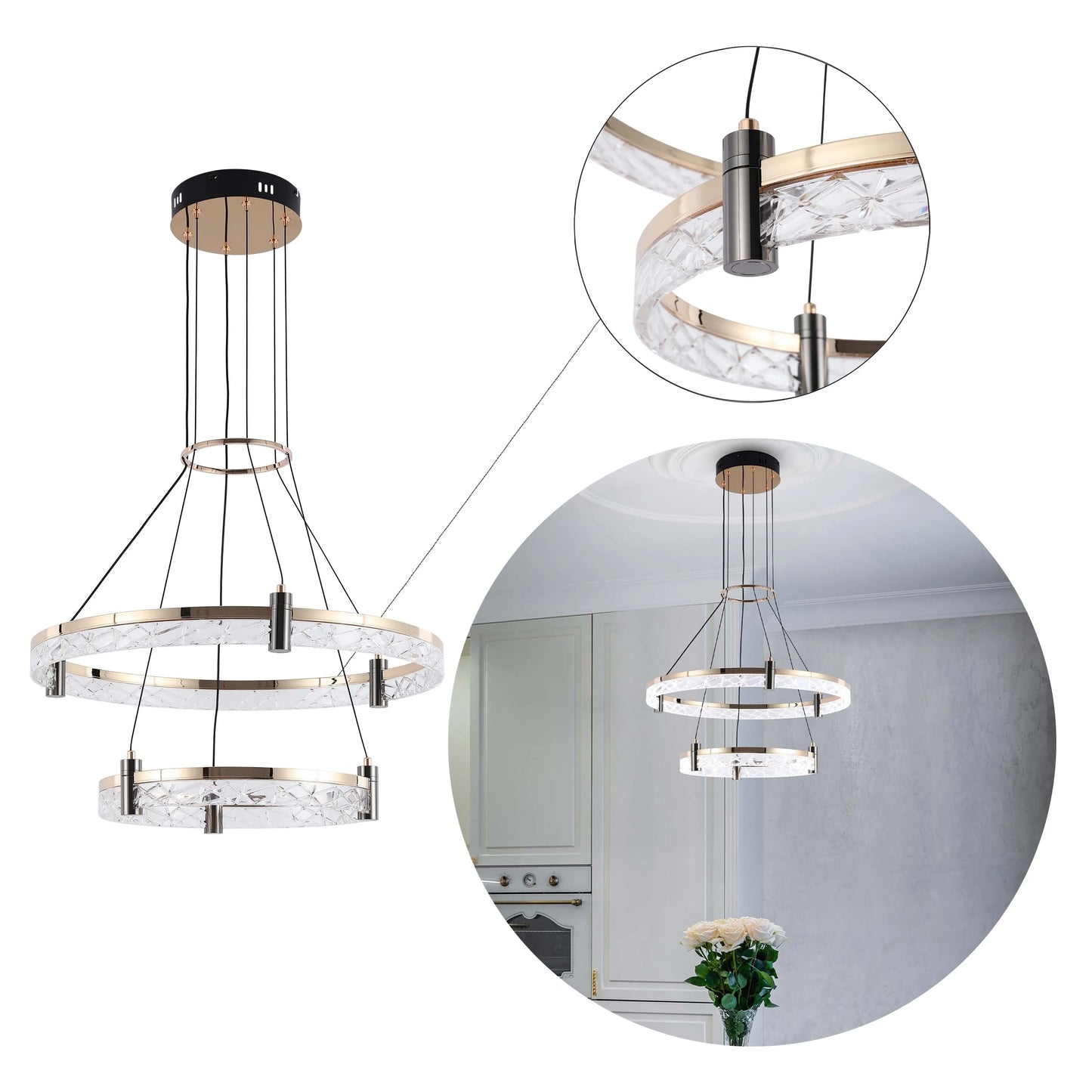A modern, two-tiered LED ceiling light with crystal accents and gold-tone detailing, displayed in an elegant kitchen setting.