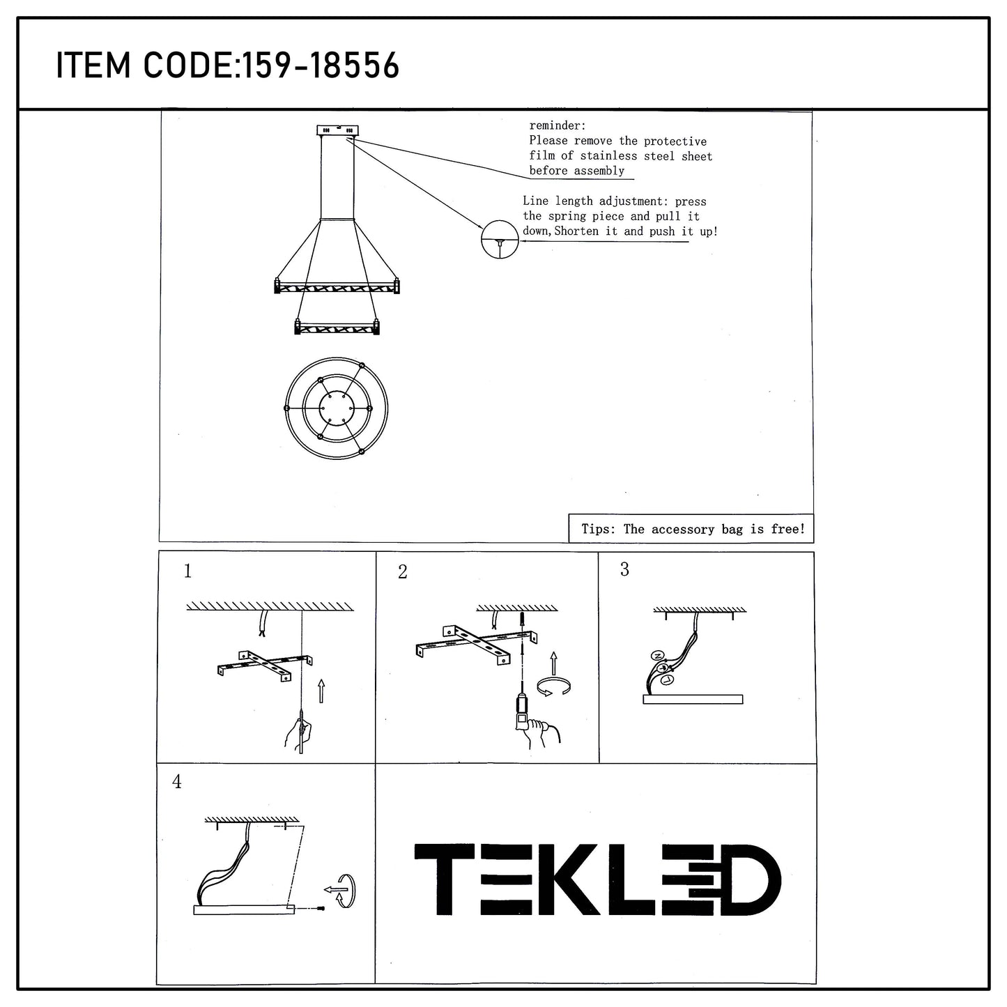 Installation diagram for a modern pendant light, demonstrating line length adjustments and protective film removal.