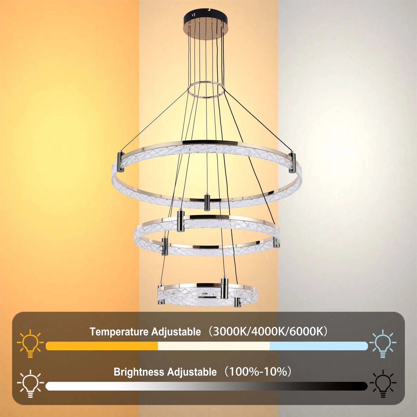 A three-tiered, modern chandelier with adjustable brightness and temperature. It offers warm to cool white lighting and dimming capabilities.
