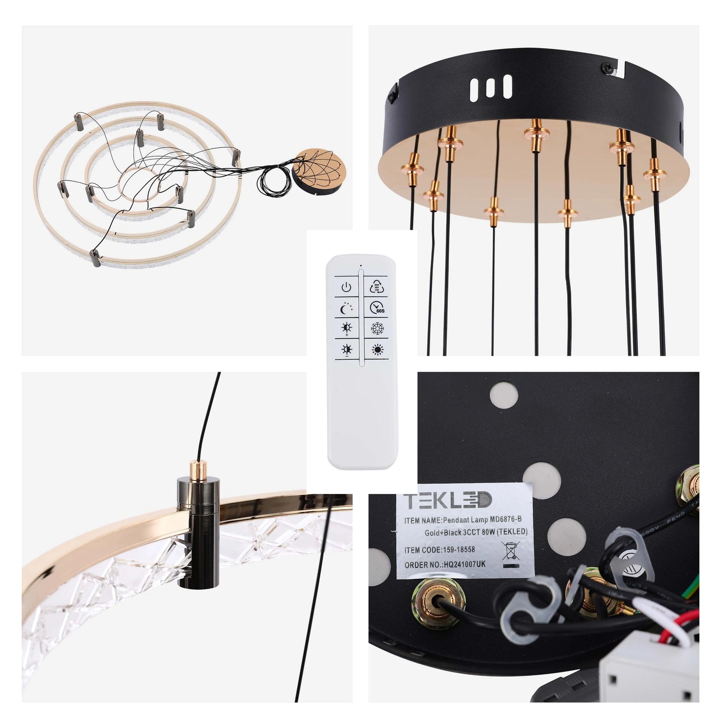 Modern LED chandelier with remote. Black and gold pendant lamp with a stylish contemporary design.