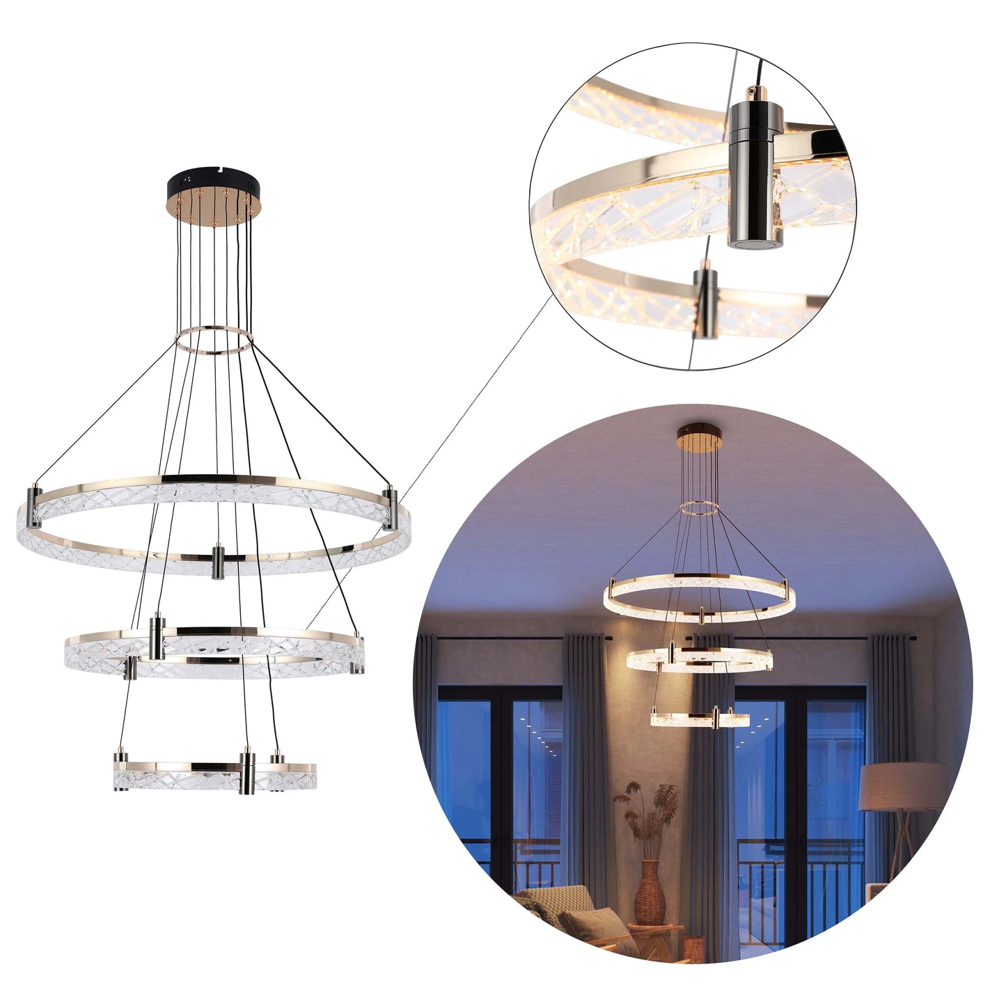 A modern, tiered chandelier with crystal accents and ring-shaped lights, displayed in an elegant living space.