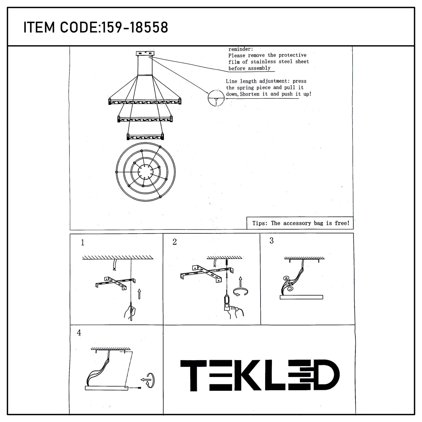 An instructional diagram showcasing the assembly of a pendant ceiling light, marked 'ITEM CODE:159-18558', by TEKLED.