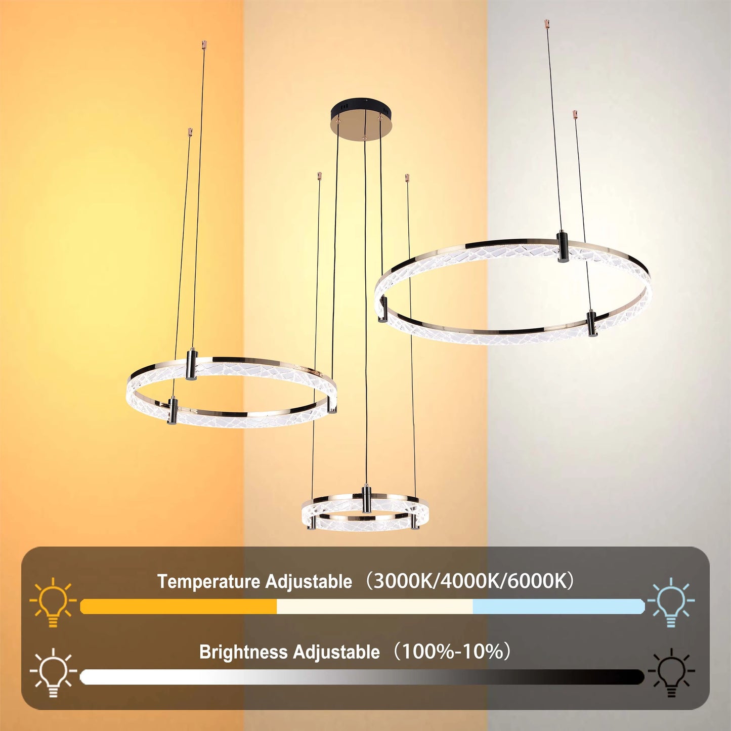 LED pendant lighting with adjustable brightness and temperature. Features a modern, circular design with a silver finish.