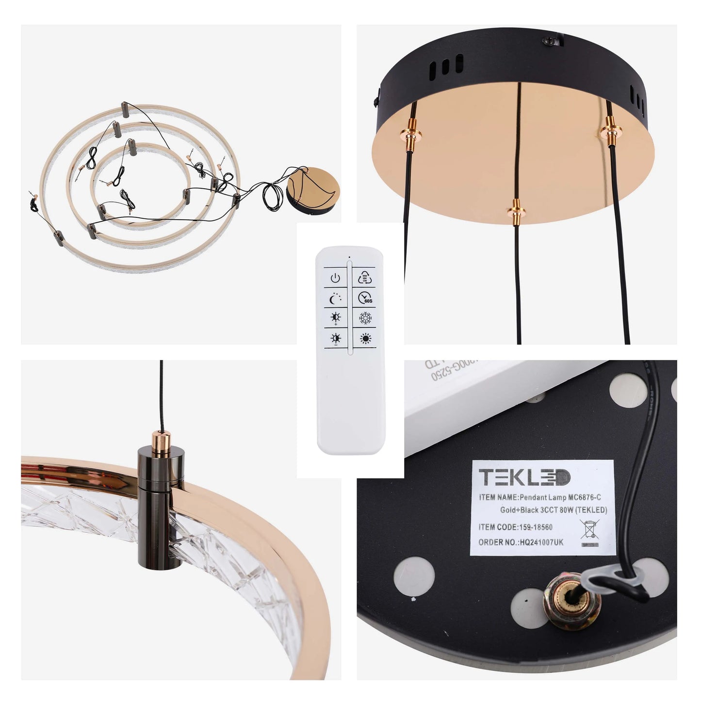 Contemporary LED pendant lamp with gold and black accents, showcasing its ring design and remote control.