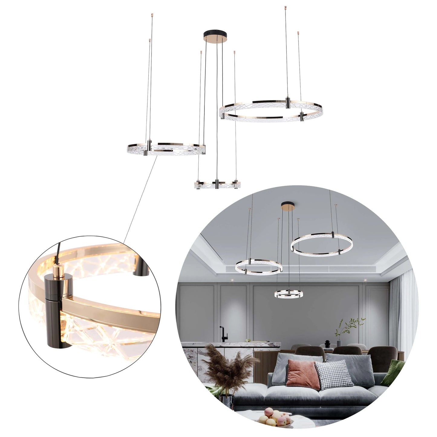 A modern, statement ring light chandelier design with crystal effect detailing and warm ambient light.