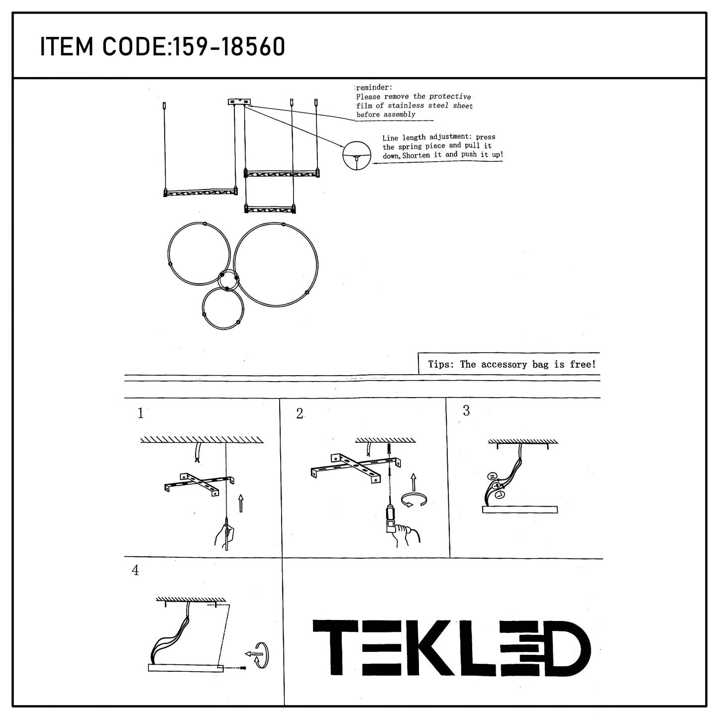 A ceiling light with a square frame and suspended metal rings, with assembly instructions.