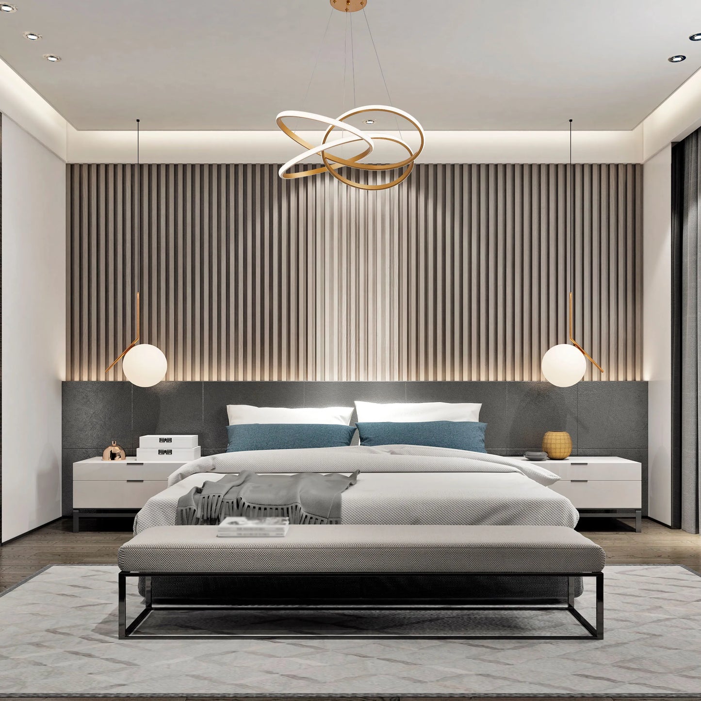 Bedroom lighting features modern chandelier, globe bedside lamps, and recessed ceiling lights, creating a stylish and well-lit space.