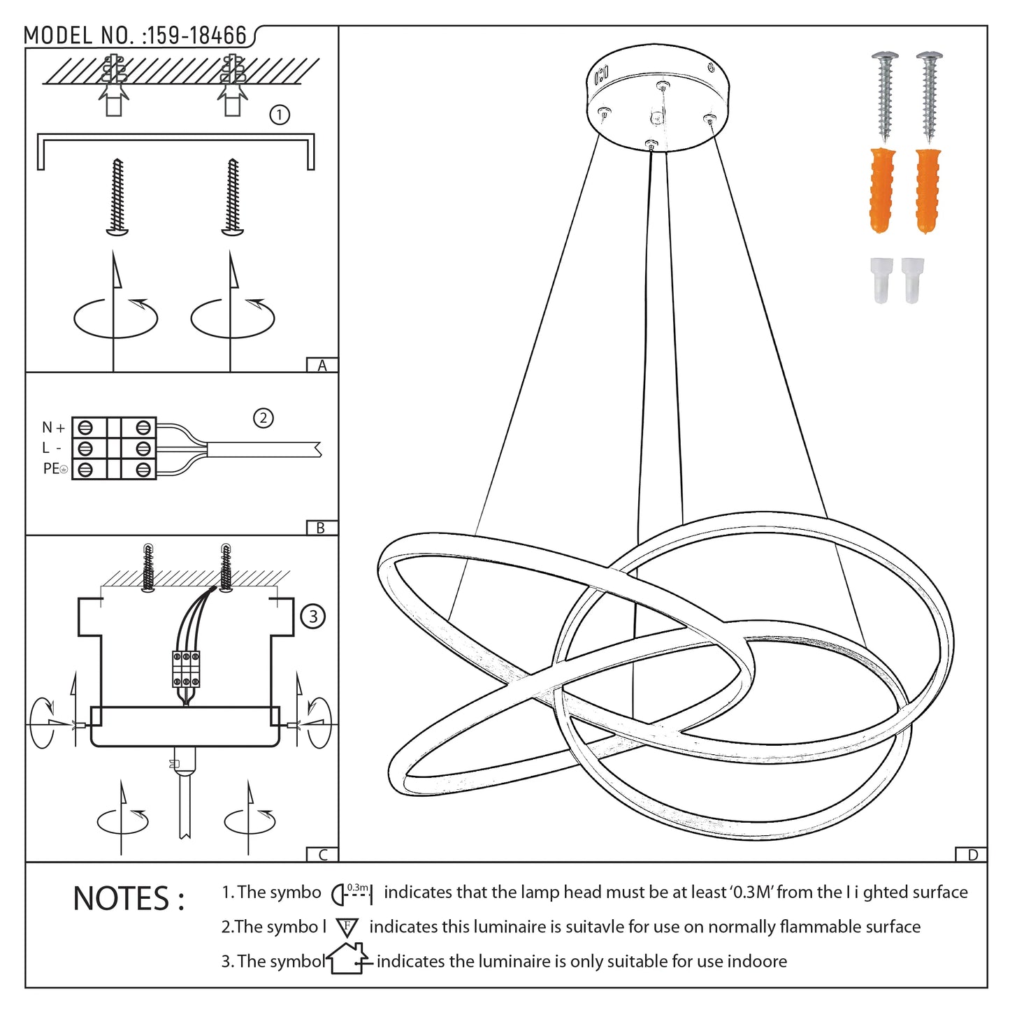 A stylish, modern LED pendant light with interlinked illuminated rings, suspended from a central ceiling mount. Fixings and wiring diagrams are also shown.