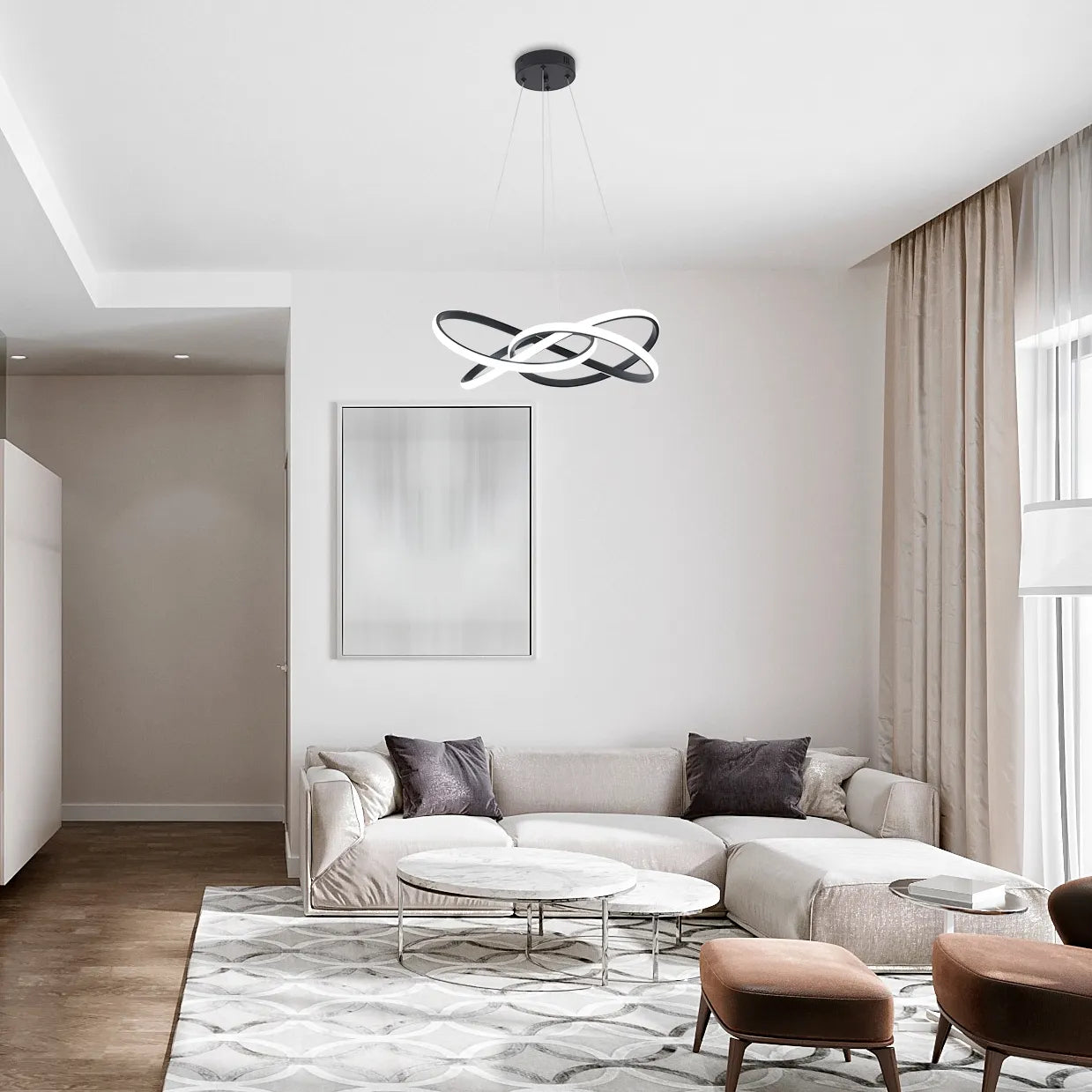 A modern, black and white, circular LED pendant light hangs in a bright living room, adding a stylish focal point.