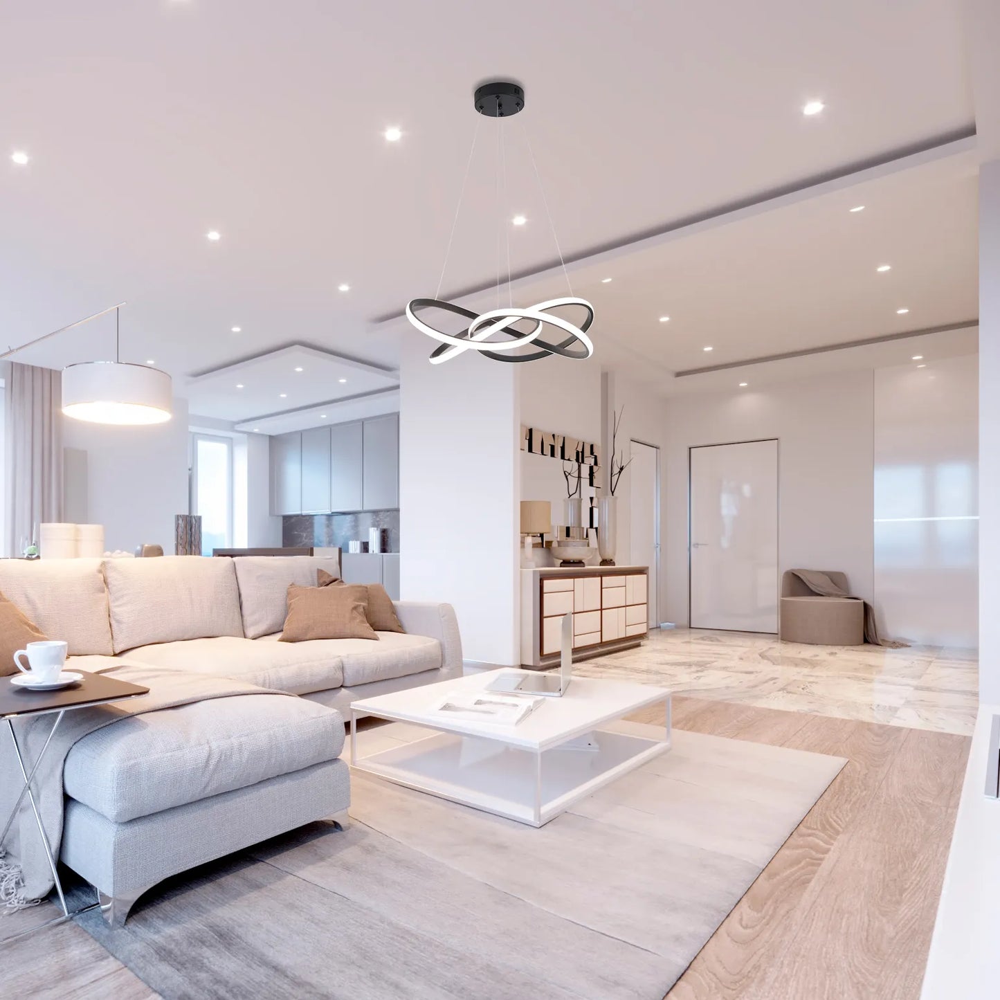 Contemporary living room showcasing a sculptural, ring-shaped pendant light, plus recessed ceiling lights.