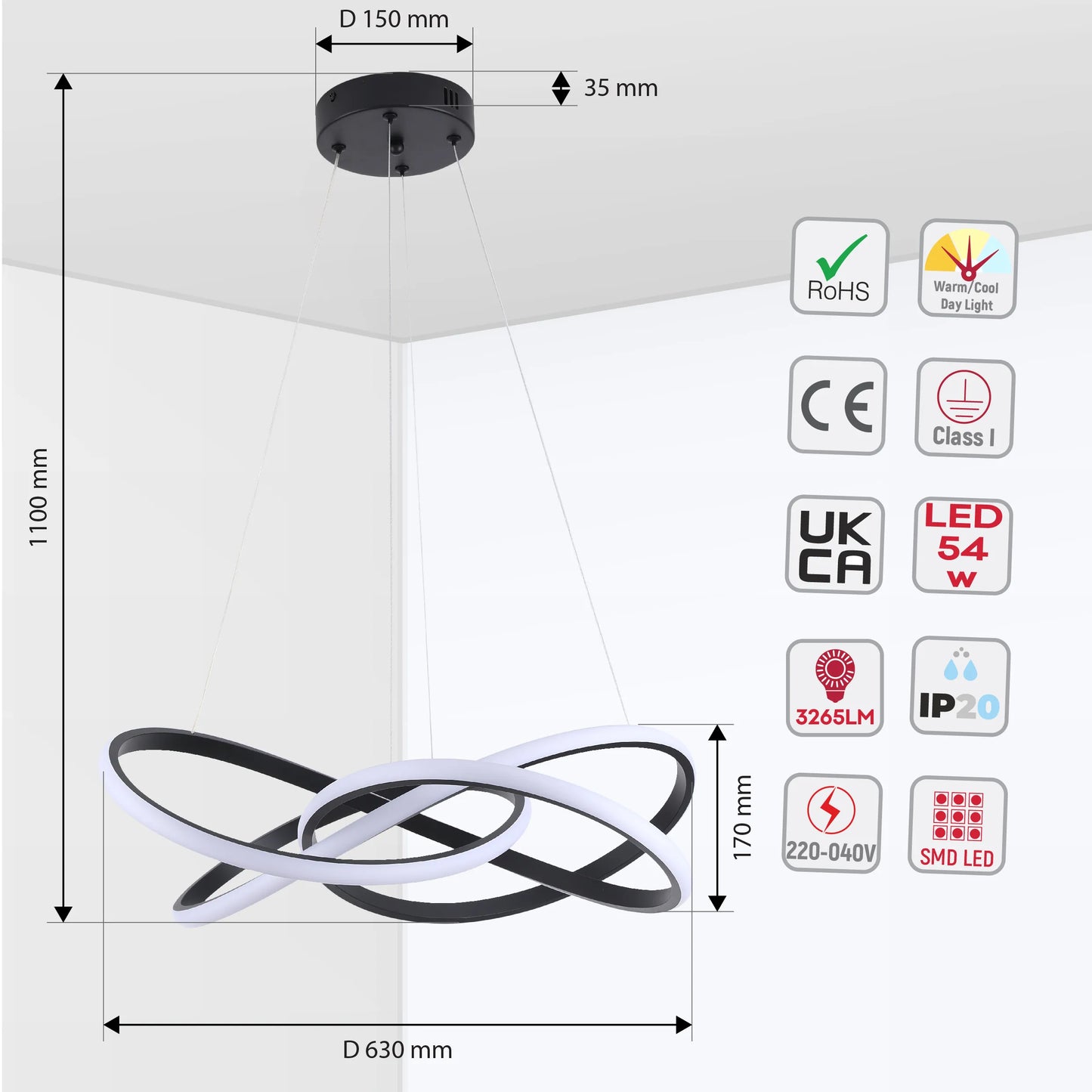 Modern black and white LED pendant light. Dimensions: 1100mm height, 630mm diameter, 150mm canopy diameter.