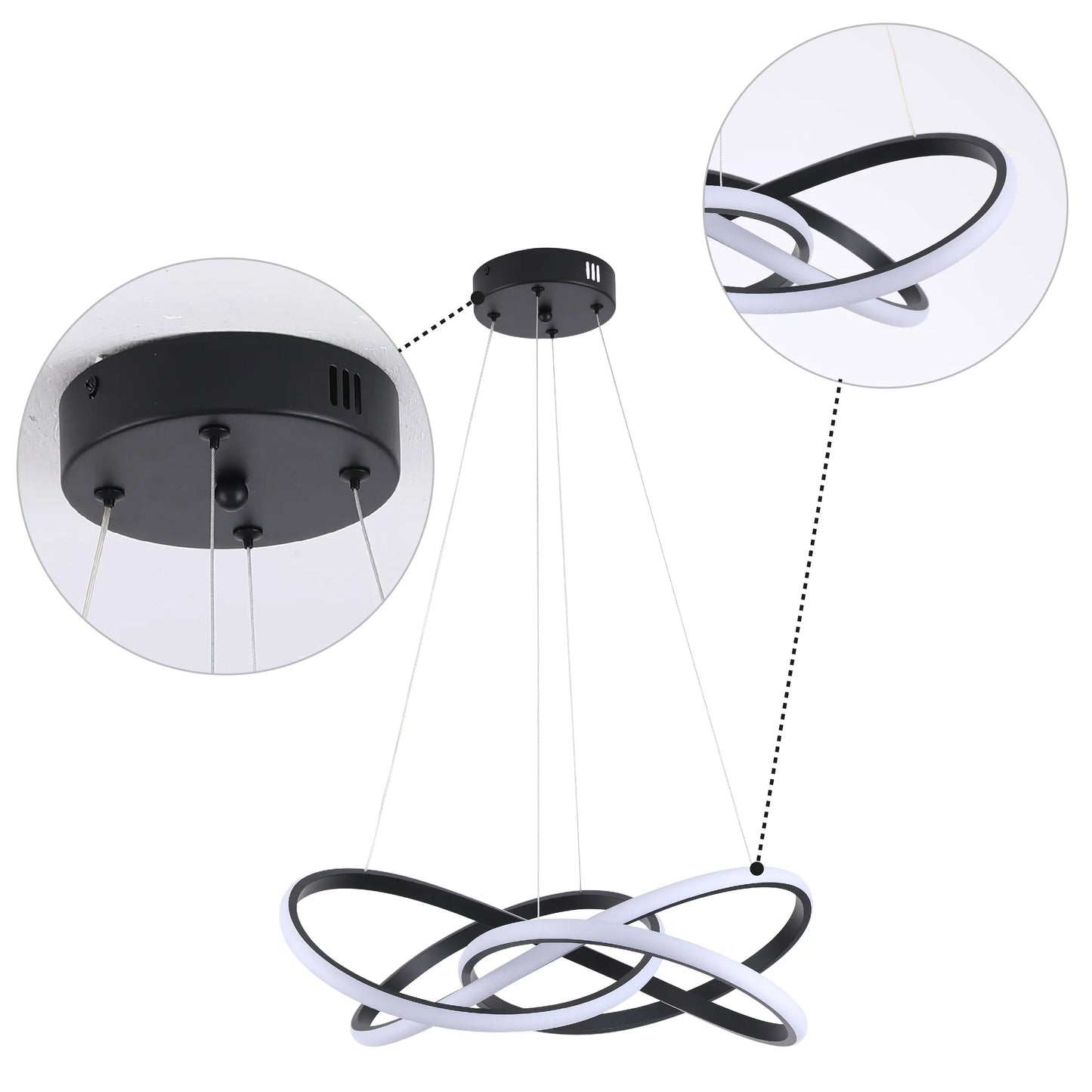 A modern, black ring pendant light with white LEDs, suspended by fine cables for a minimalist look.