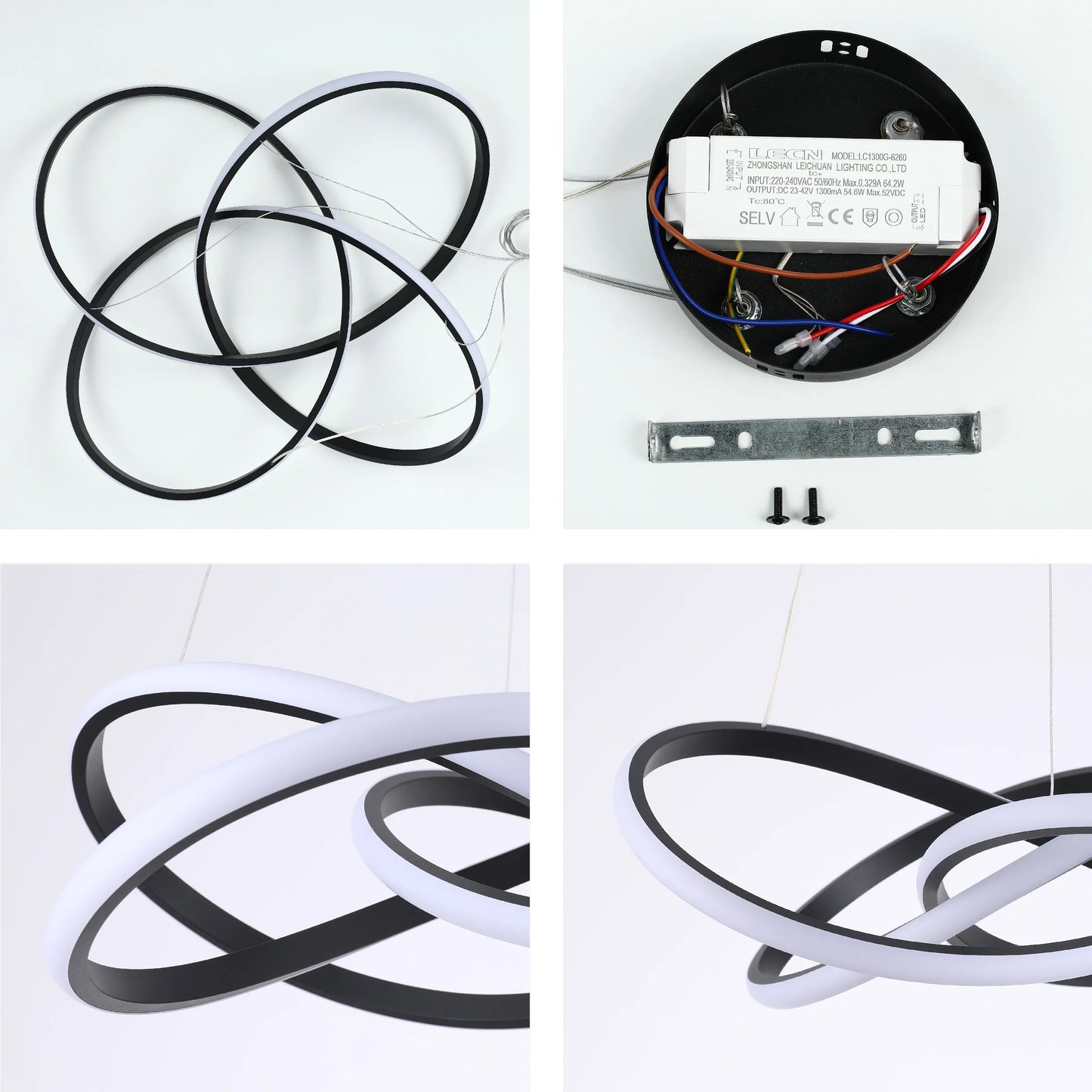 A modern LED ceiling light with black hoops, with an inner white light. It's energy-efficient and stylish.