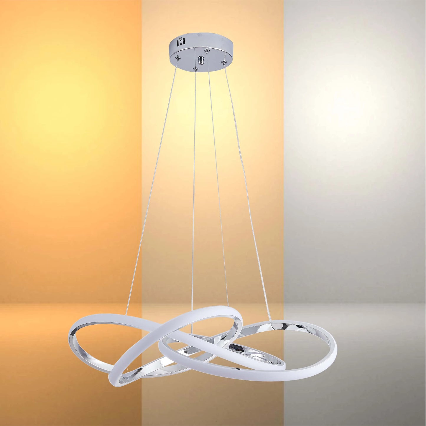 Chrome finish LED pendant lighting, displaying three light settings from warm to cool white light.