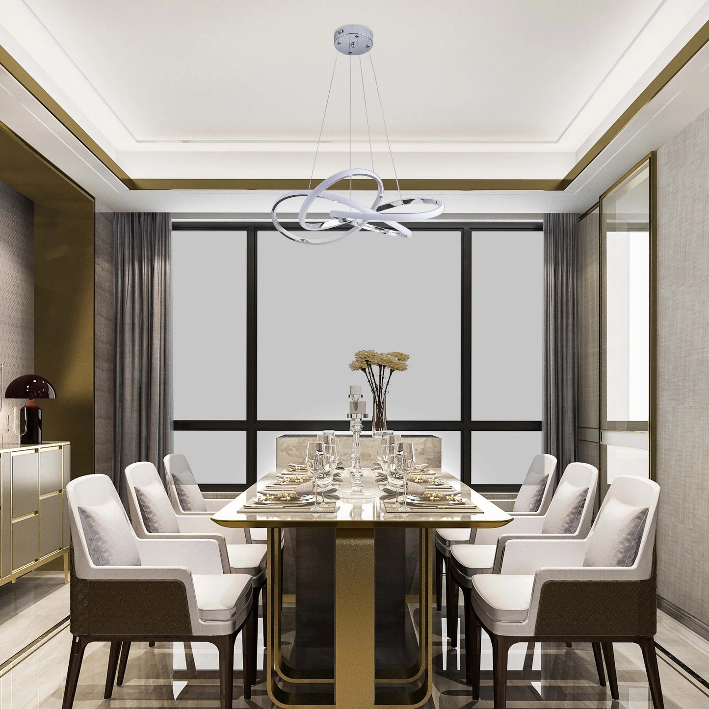 A modern ringed chandelier hangs above a formal dining table, offering stylish illumination and a focal point in the room.