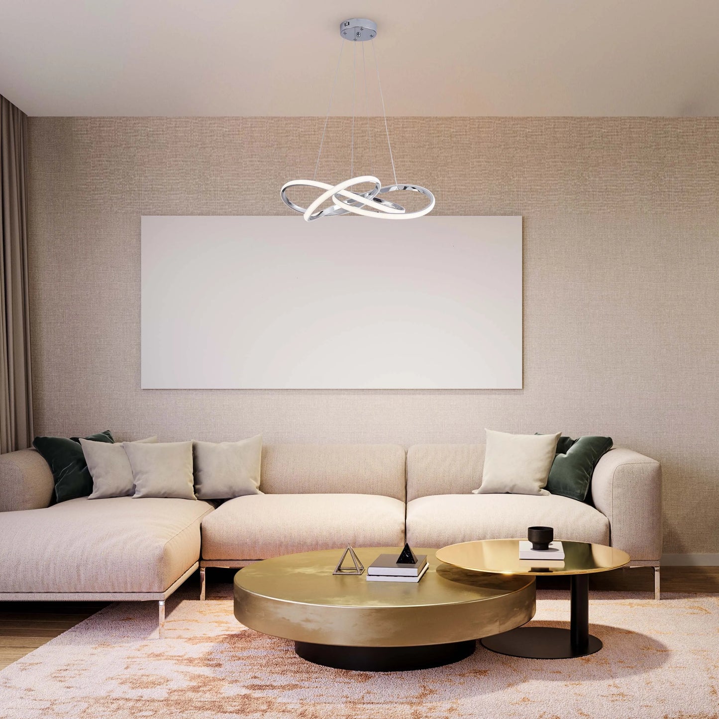Modern chrome and LED ring pendant light suspended above a neutral-toned living room.