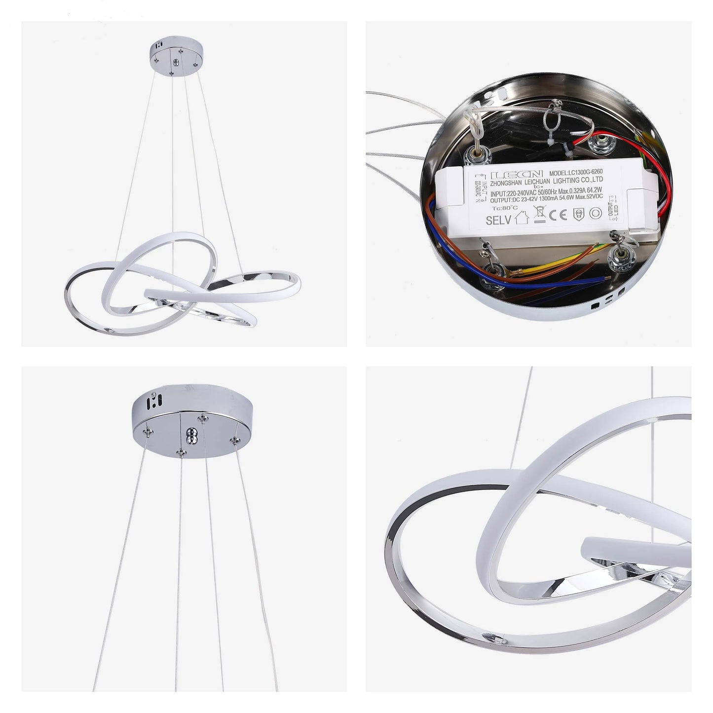 A modern, circular LED pendant light with a chrome finish, suspended by wires from a circular ceiling mount.