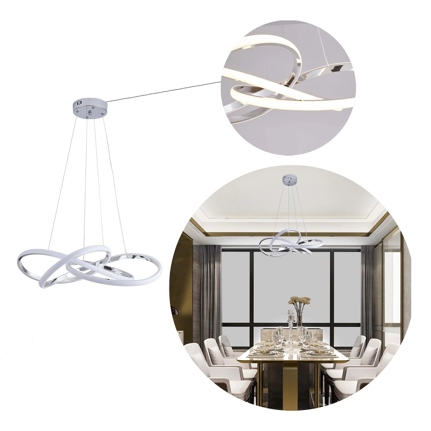A modern LED ring pendant light in a white and silver finish, creating a statement in a dining room setting.
