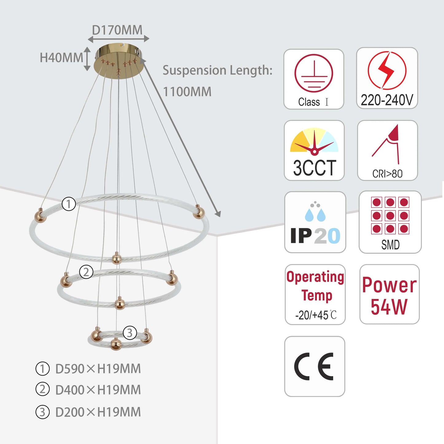 A modern, multi-tiered chandelier with LED rings and gold accents. Dimensions and specs included. Contemporary lighting design.