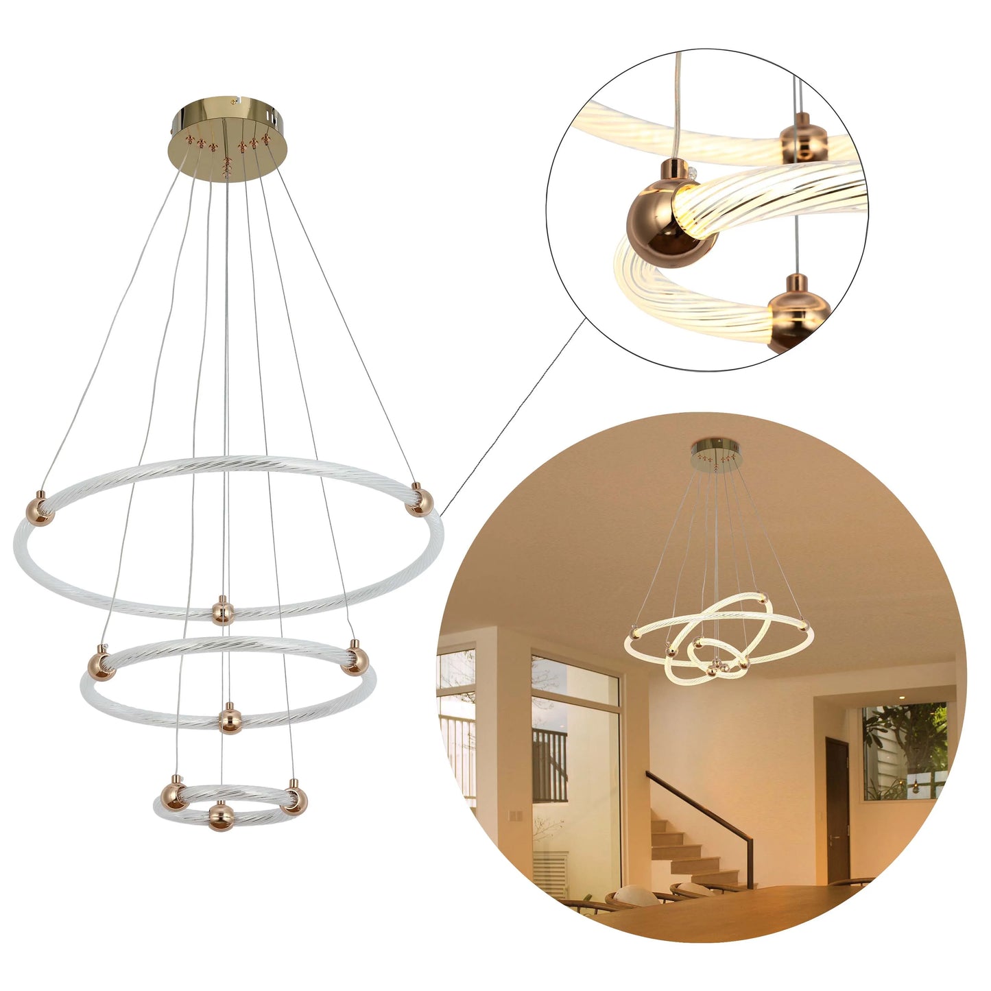 Contemporary multi-tiered LED ring chandelier with polished brass accents and acrylic diffuser, suspended by thin steel cables.