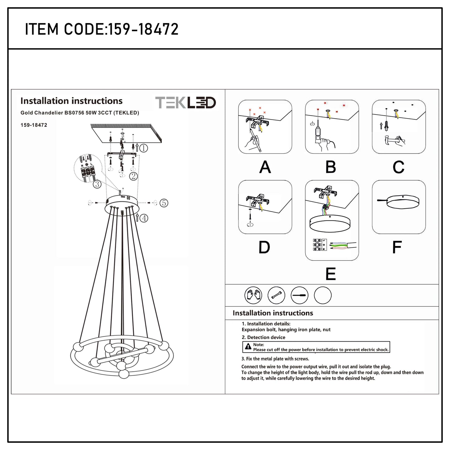Installation instructions for a gold chandelier, showing the assembly process, along with the item code and model name.