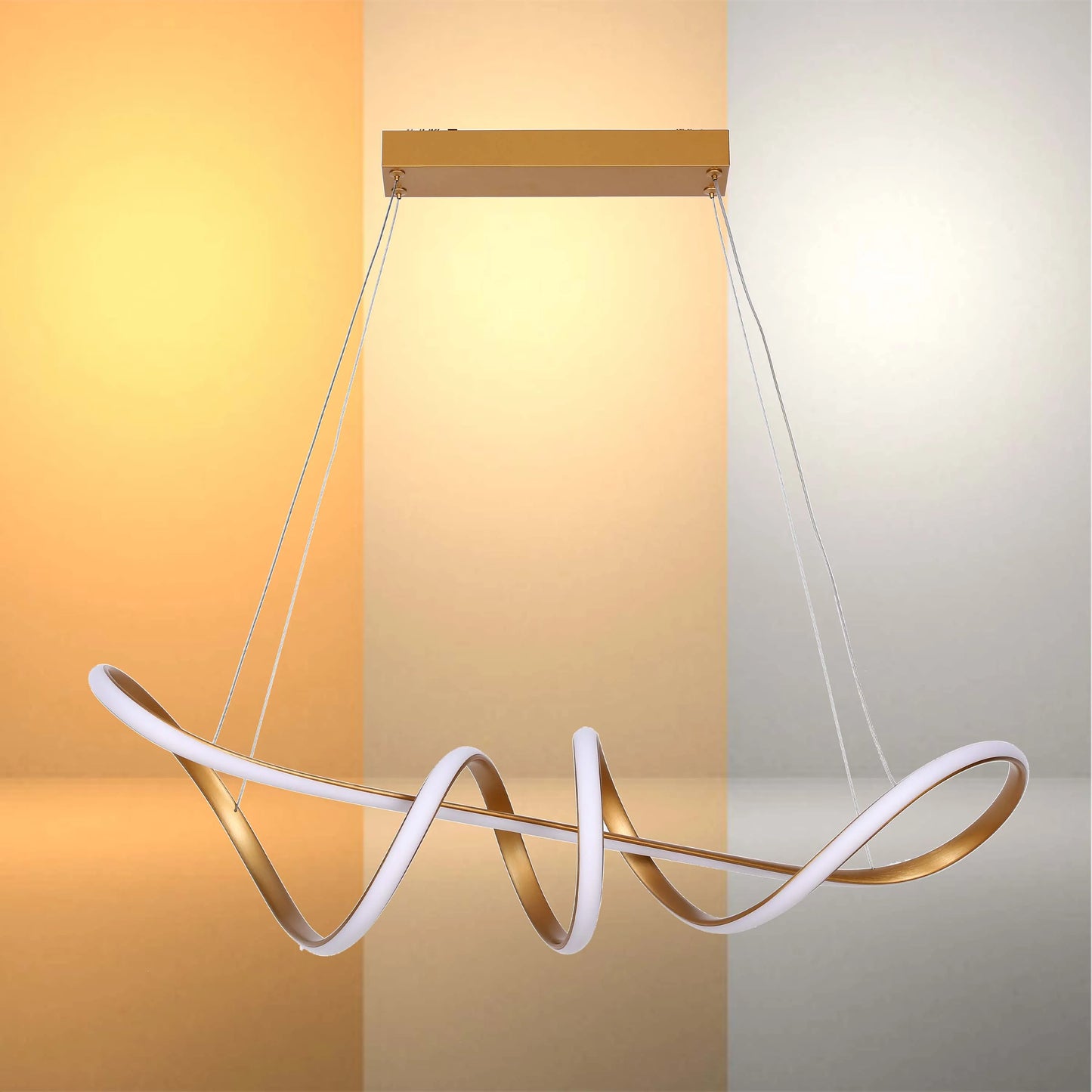 A modern, spiral LED pendant light with a gold finish and white illumination, suspended by thin cables.