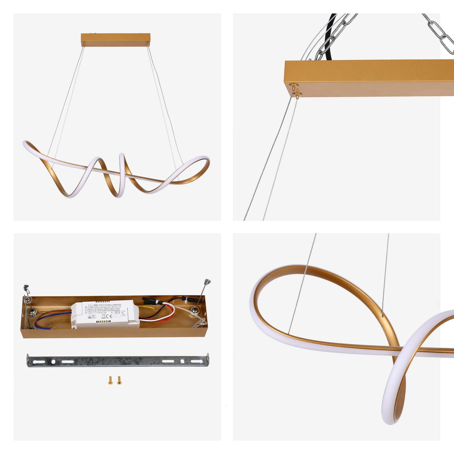 A modern, gold, LED chandelier with a unique, looping design. Perfect for adding a touch of elegance to any room.