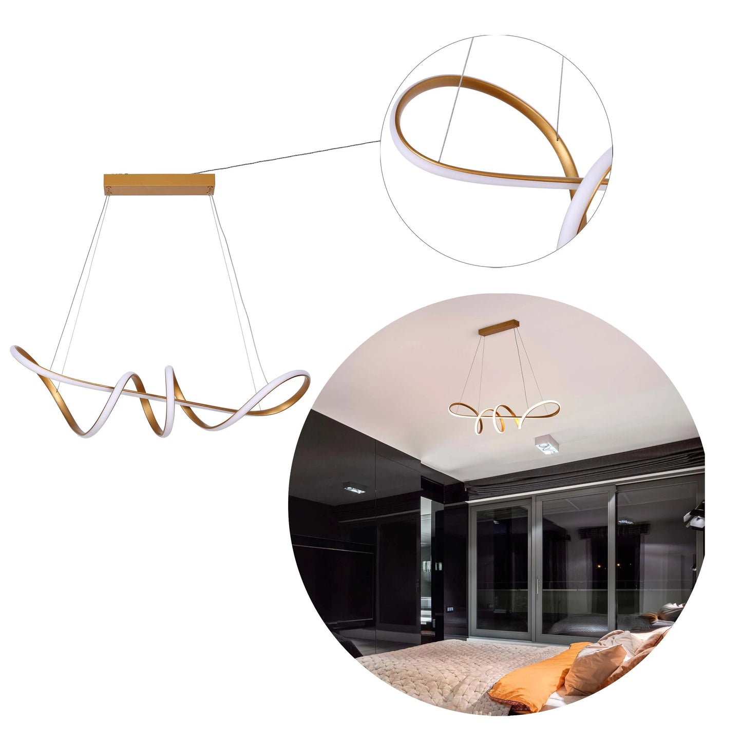A contemporary gold and white LED pendant light. Statement lighting for a modern interior.