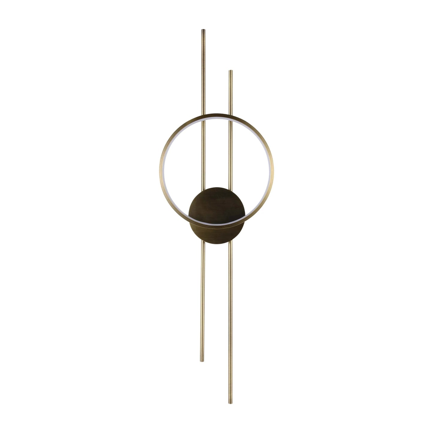 A modern LED wall light featuring a bronze circular frame with linear accents, offering a warm and stylish glow.
