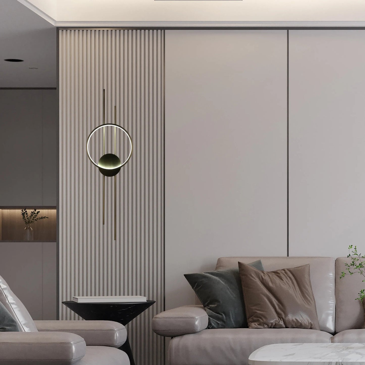 Striking wall lighting fixture with circular illuminated element and gold bars, adding a touch of modern elegance to the neutral colour scheme.