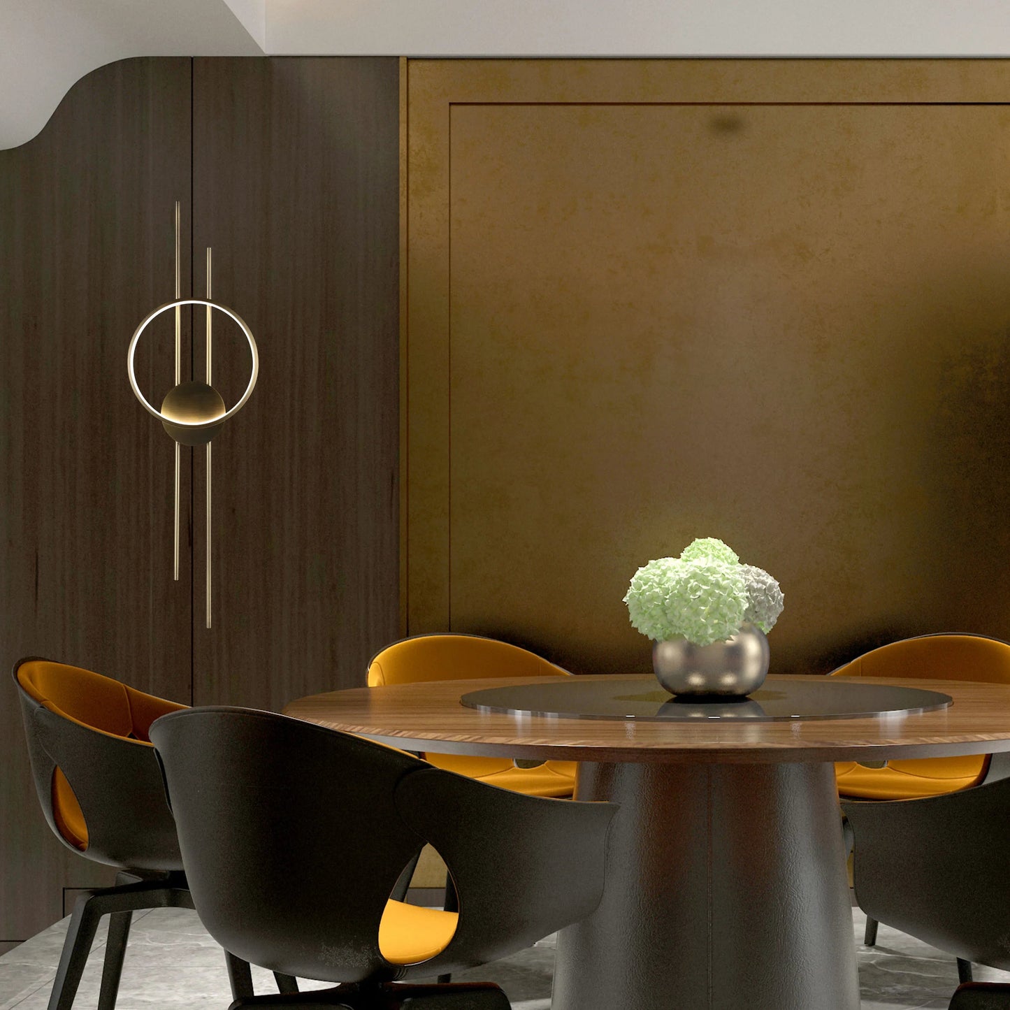 A striking circular wall light with brass detailing gives a modern touch to this dining area. Its warm glow enhances the space.