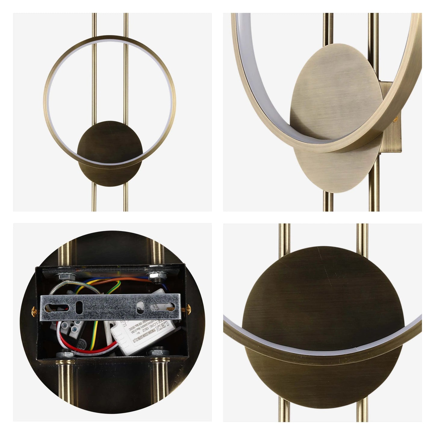 Gold and brass finish wall light, featuring a ring of LEDs.