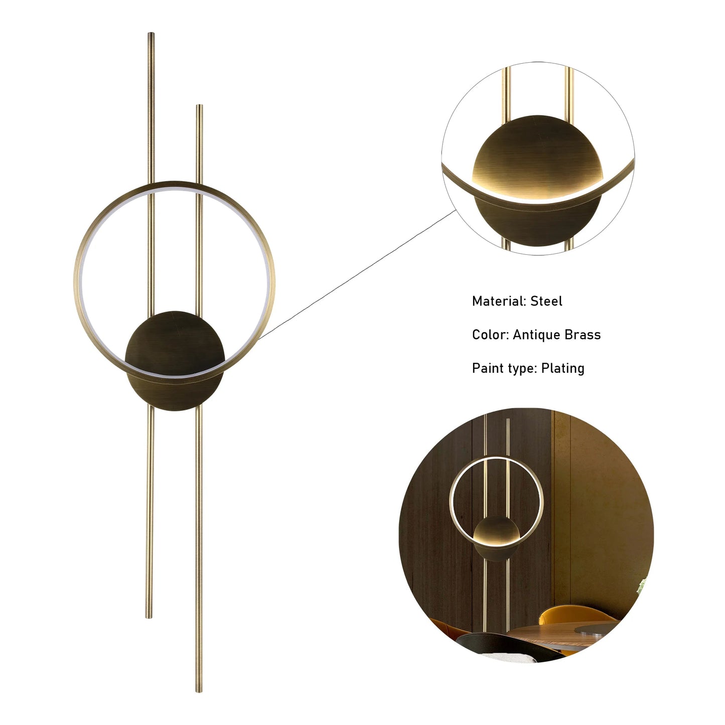 A stylish, steel wall light in an antique brass finish. Features a circular design with integrated LED lighting.