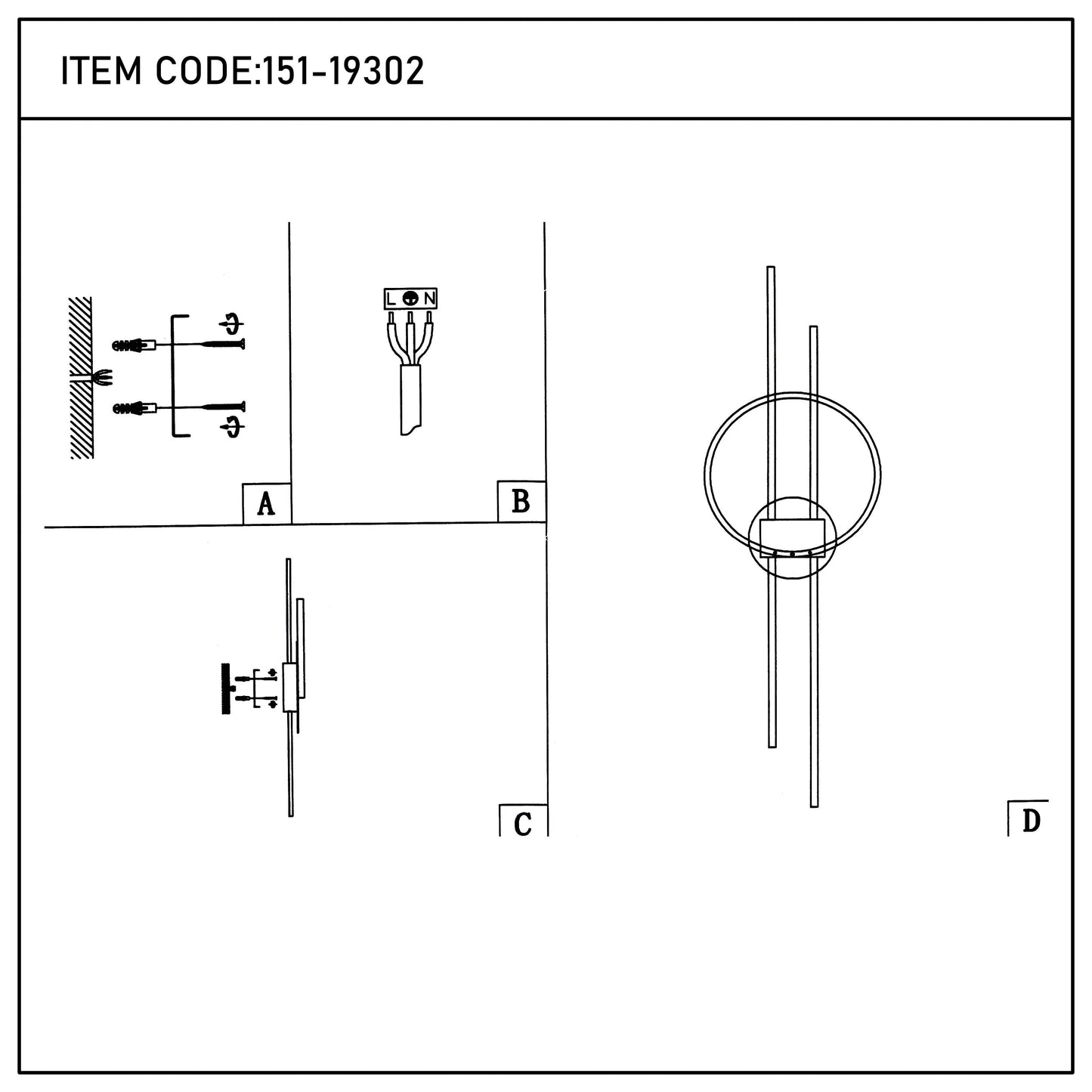 Modern wall light fixture with a circular design. Installation guide with a wiring diagram included.