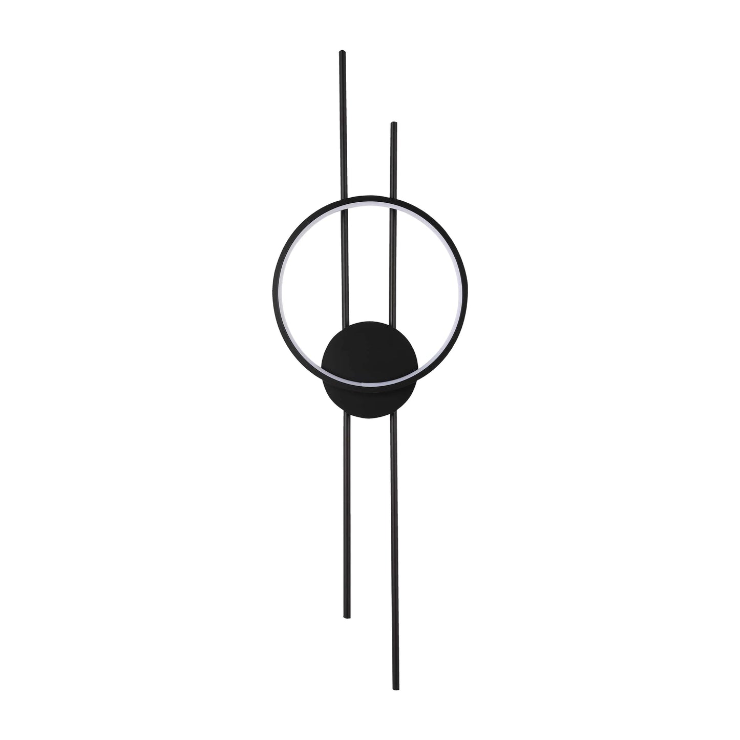 Modern wall light with a black stem, circle, and disc design. The circle is illuminated with a white light for a stylish finish.