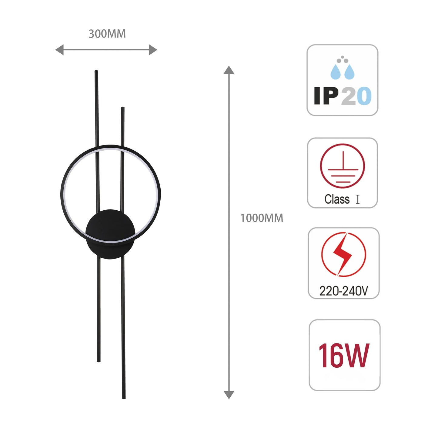 A modern, vertical wall light in black metal with a circular detail, measuring 300mm wide by 1000mm high.