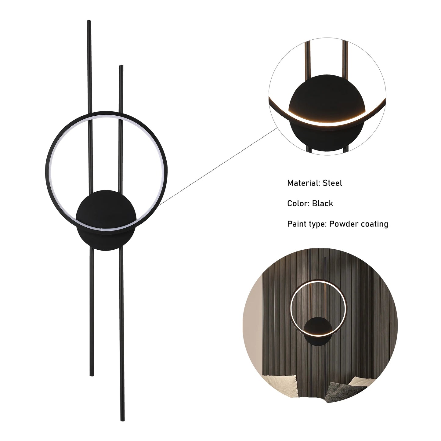 A modern black wall light with a circular LED ring, steel frame and powder coated finish.