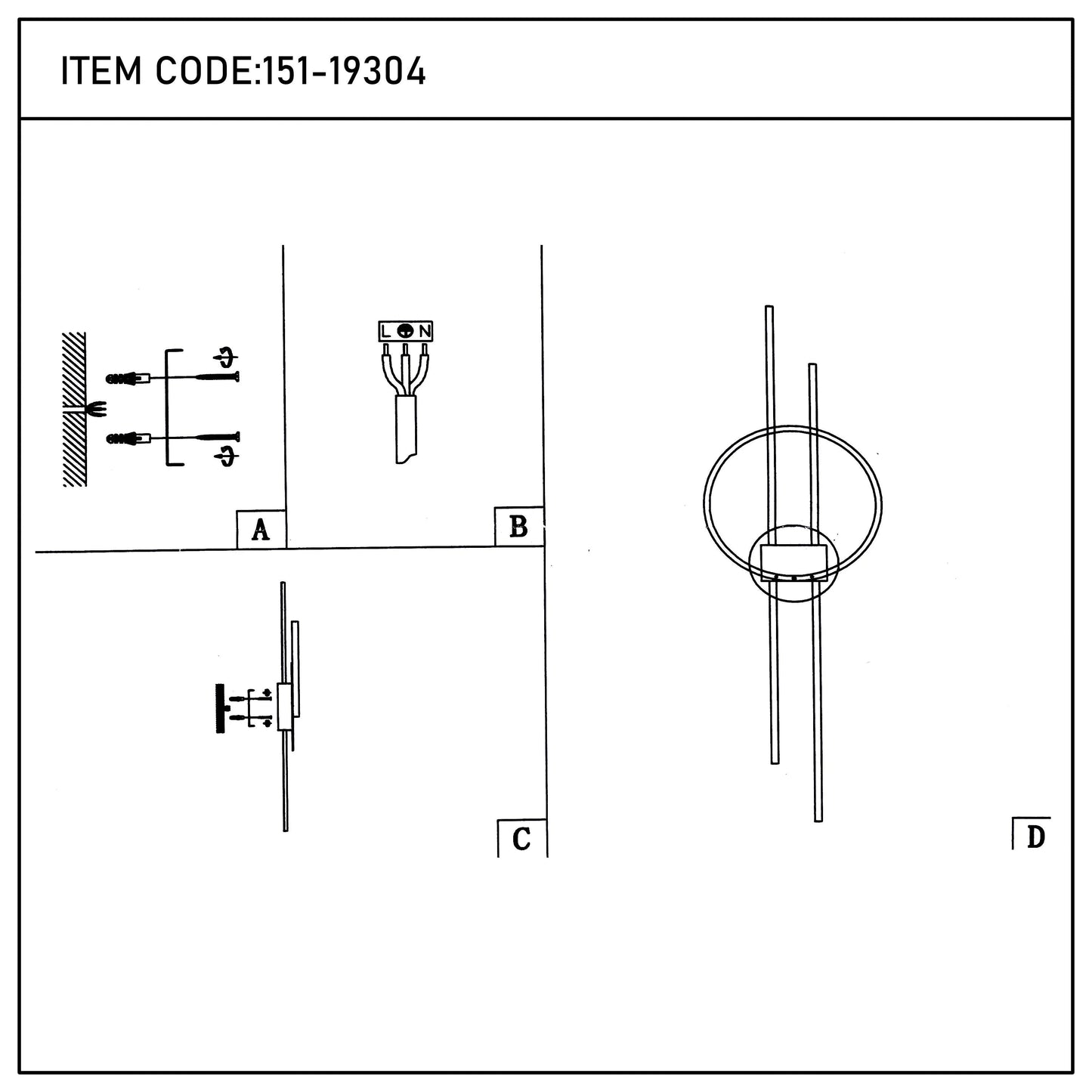 Installation diagram showing wall mount, wiring, and the assembled light fixture.