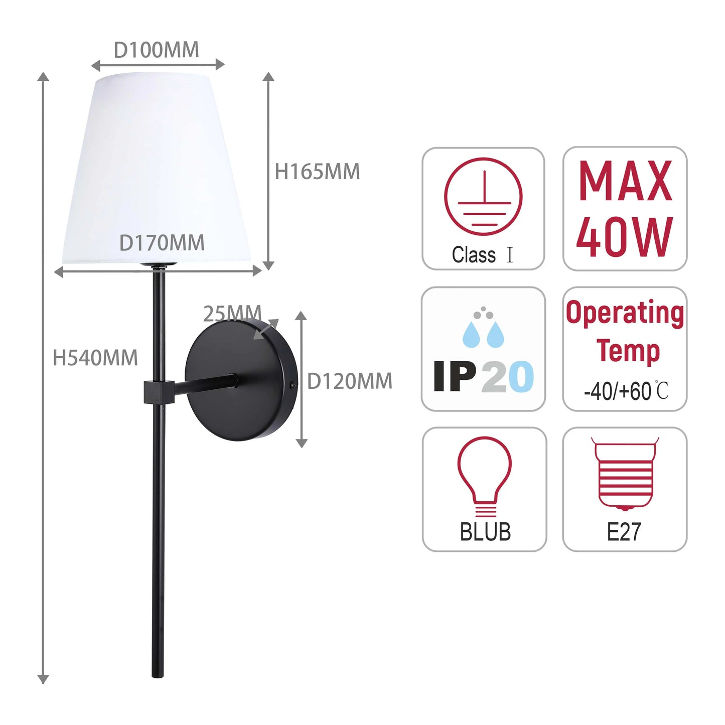 A black and white wall light featuring a fabric shade and cylindrical base, displaying product dimensions and safety information.