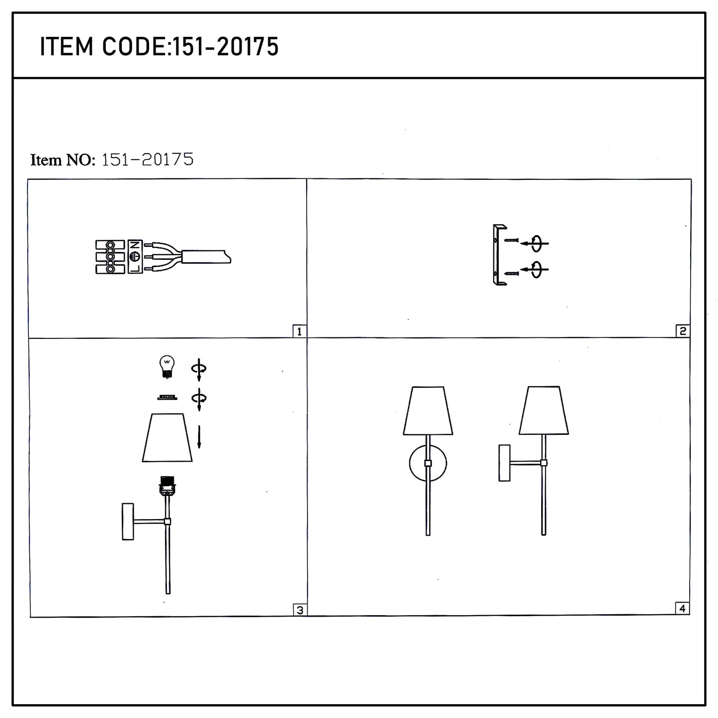 This image shows a diagram of how to install a wall light, starting with the wiring and ending with the finished product.