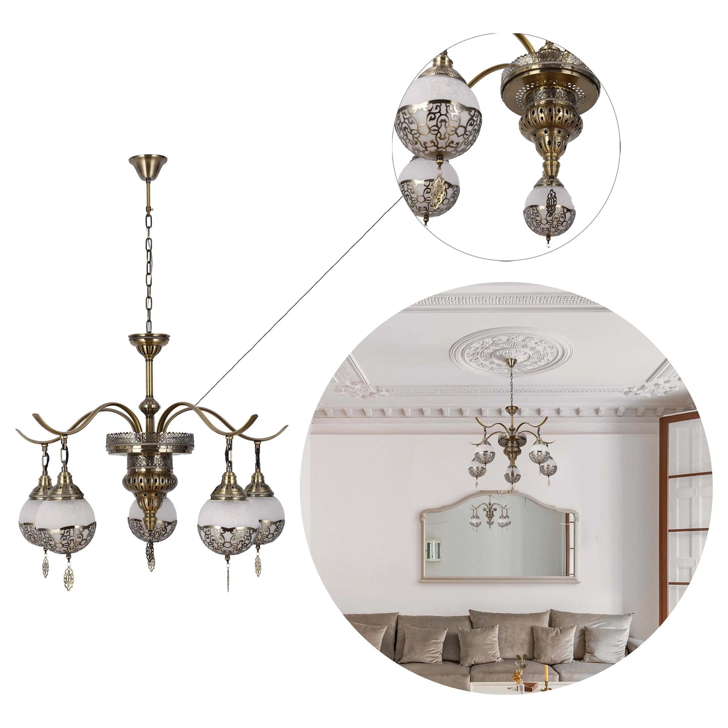 A decorative bronze chandelier featuring five lights, each with patterned glass shades. Creates a warm and inviting atmosphere.