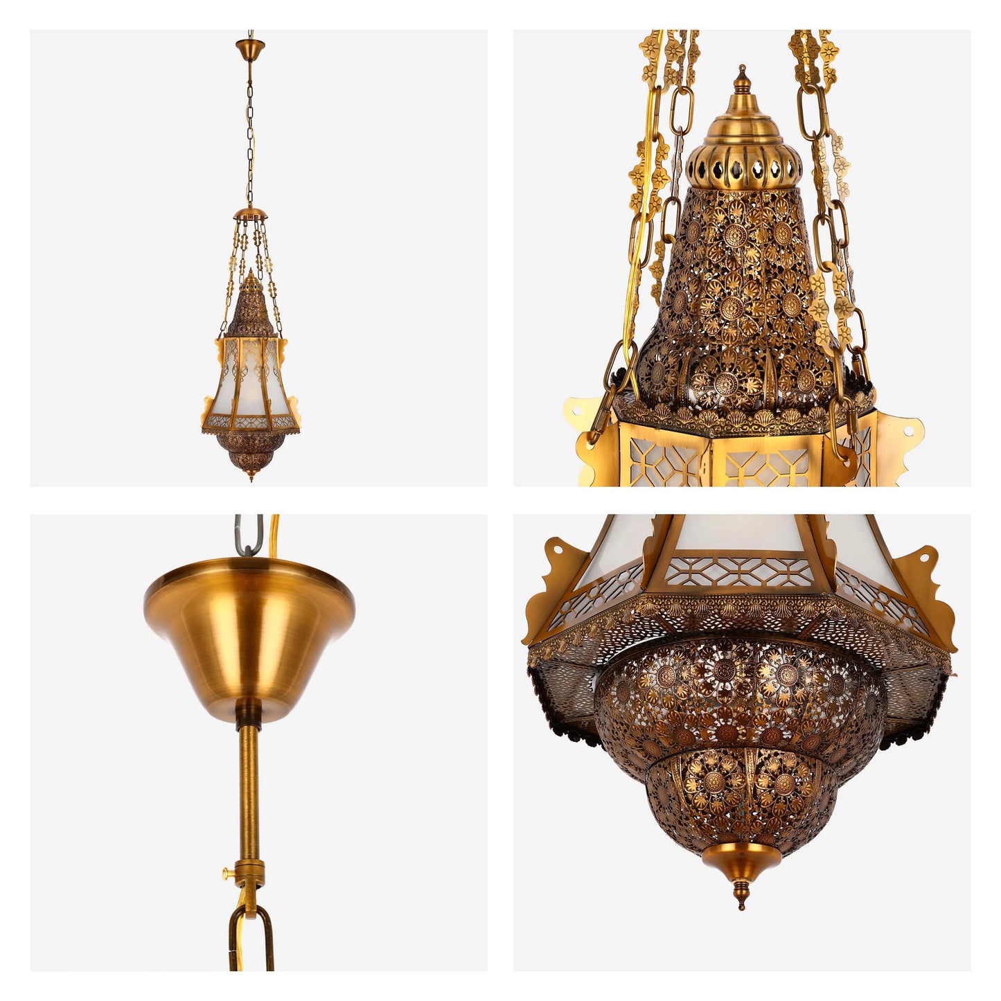 An ornate, gold coloured hanging light fixture with intricate detailing, and a chain suspension.