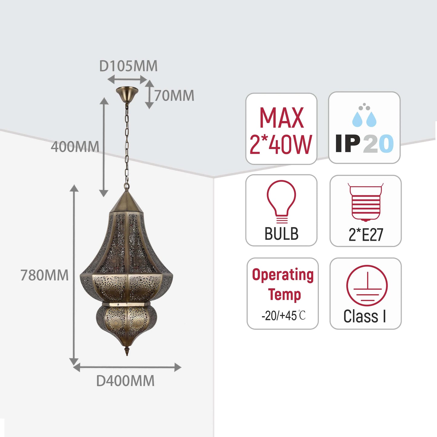 Intricate patterned hanging light with dimensions and specifications. Bulb: 2*E27, max 2*40W, class I, IP20. Dimensions: 780x400mm