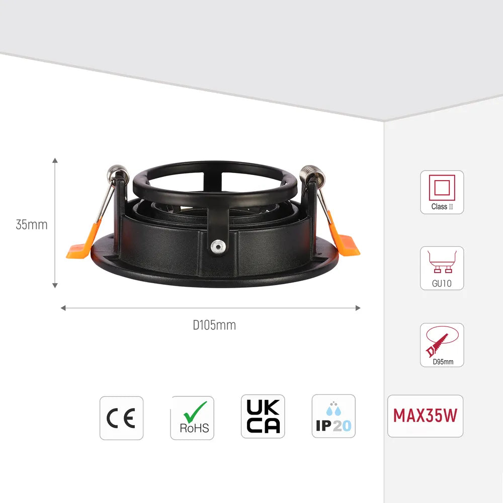 Size and technical specs of the Orbit Tilt GU10 Recessed Downlight-143-03998