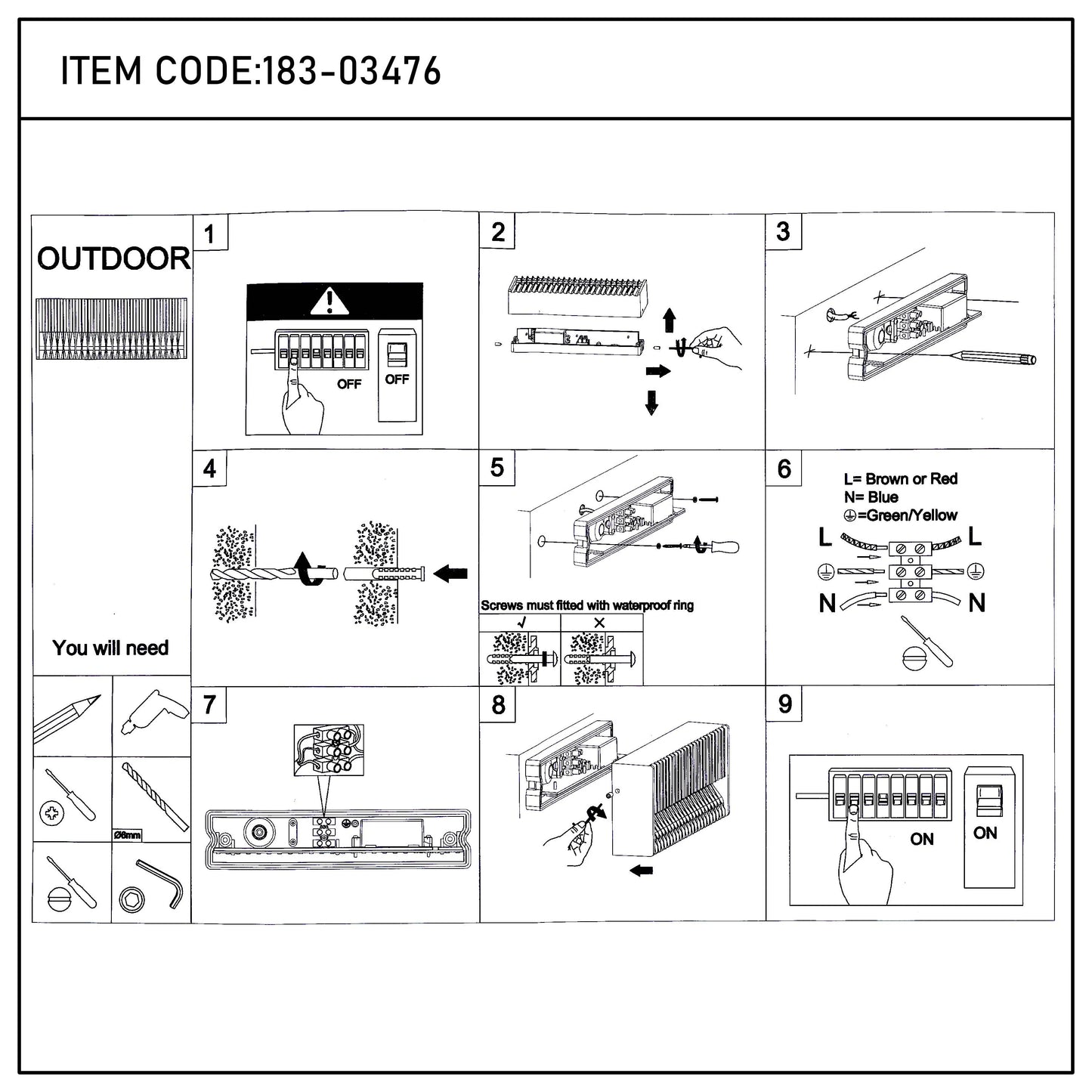 Outdoor lighting installation guide showing electrical connections and wall mounting, with labelled steps from 1 to 9.